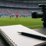 A notebook and pen on a table with a blurred view of a soccer game in the background.