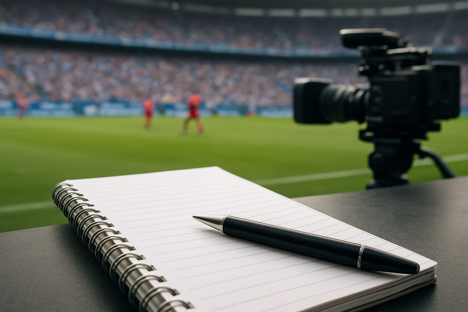 A notebook and pen on a table with a blurred view of a soccer game in the background.