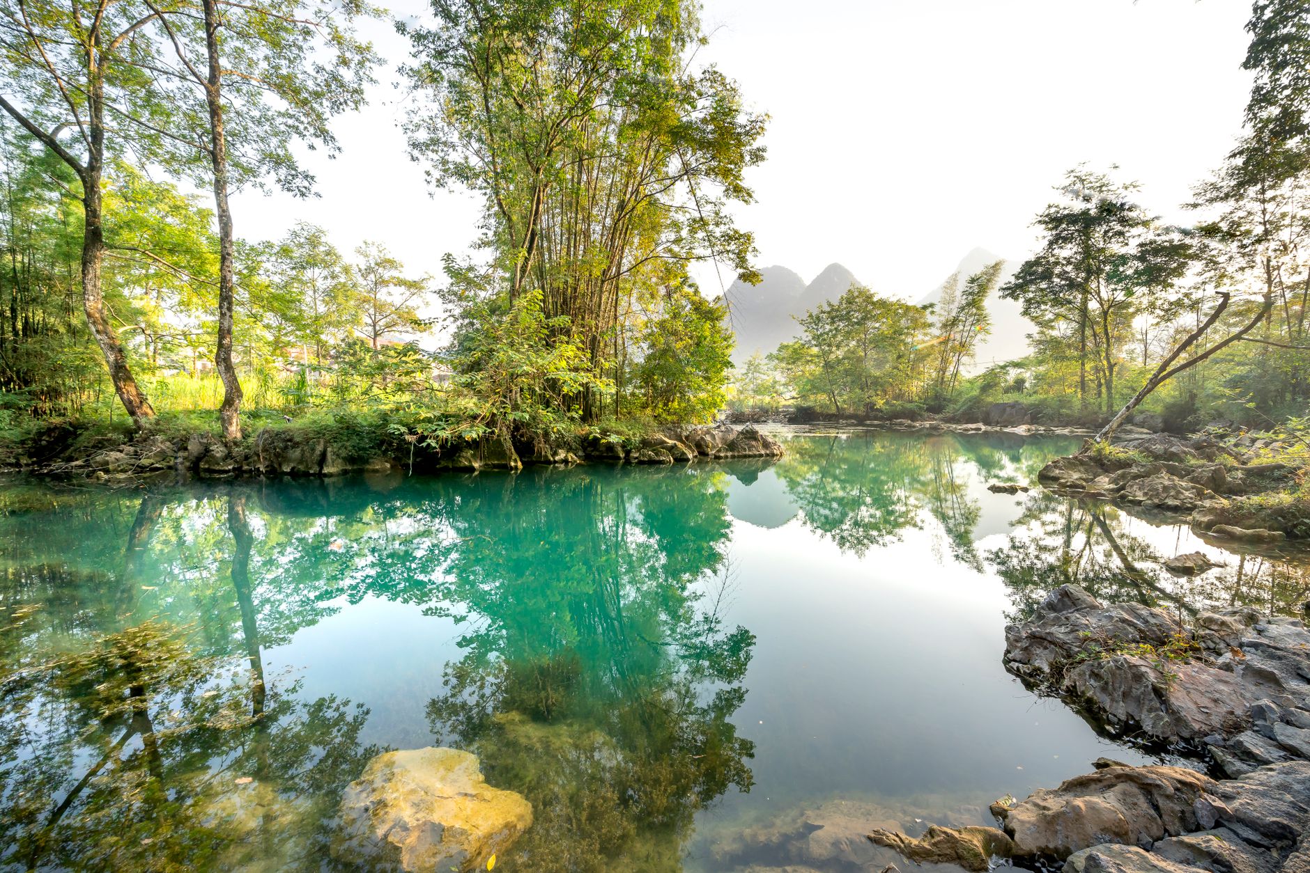Landscape scenery of lake with shore with green trees and grass with bushes and mountains on background in sunny summer day u