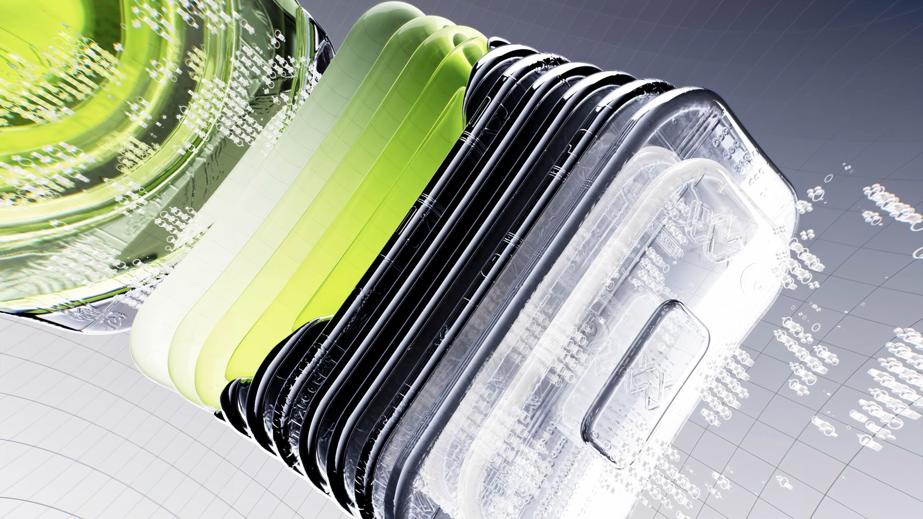 Abstract visualization of futuristic digital technology with layered components in dynamic 3D rendering. — Pharmaceutical Tec