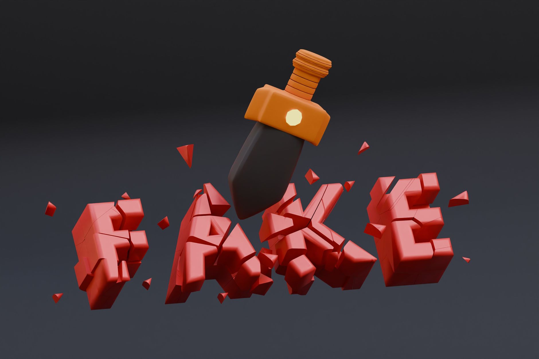 3D visualization of the word 'fake' being shattered by a dagger symbolizing disinformation. — Why choose weed delivery Vancou