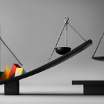 a balanced scale with colorful geometric shapes on one side and a black bowl on the other, against a minimalist backgrou