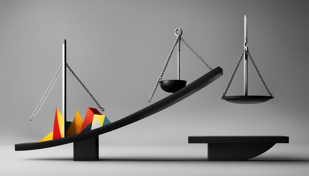 a balanced scale with colorful geometric shapes on one side and a black bowl on the other, against a minimalist backgrou