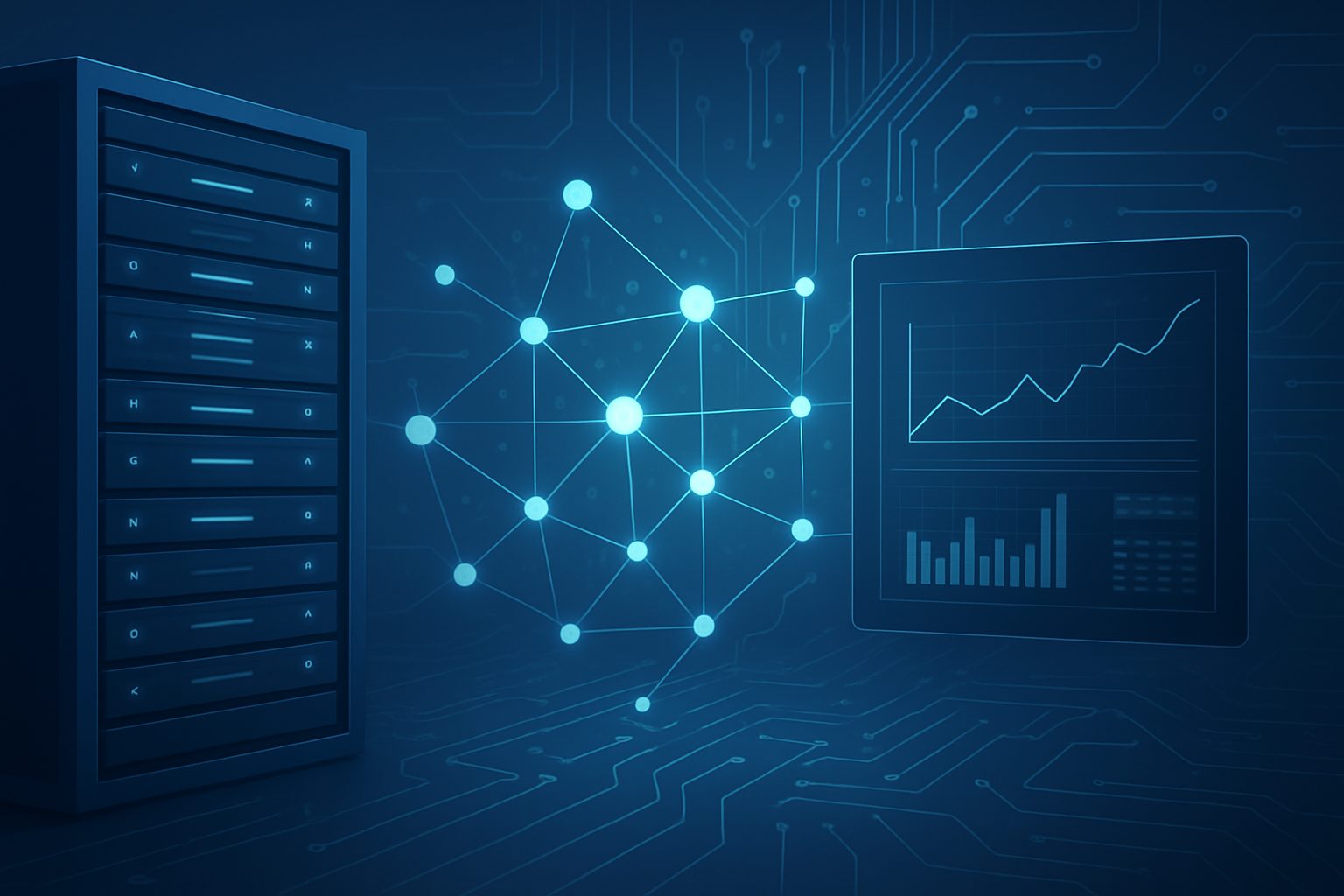 Abstract representation of a server and data networks, highlighting technology themes.